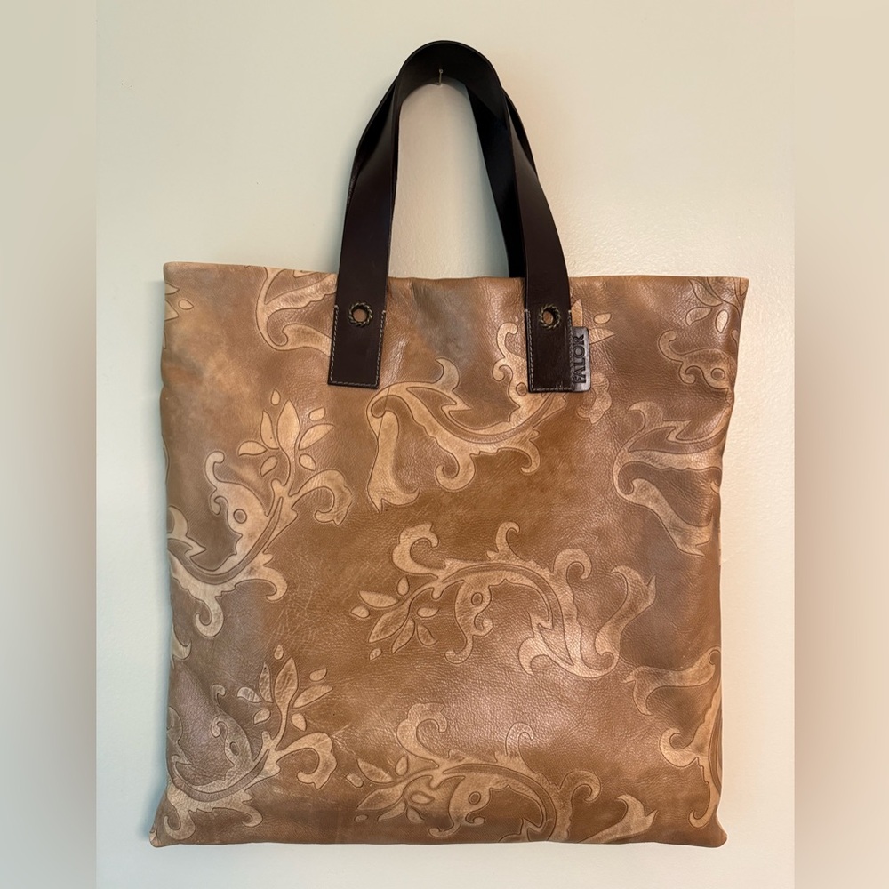 FALOR Tan/ Brown Patterned Leather Tote Bag Made in Italy